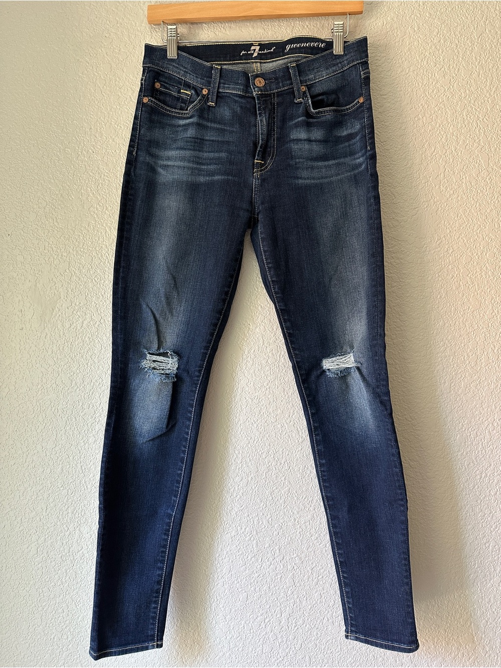 7 For All Mankind - Gwenevere - Dark Blue Distressed Skinny Jeans - Size 28